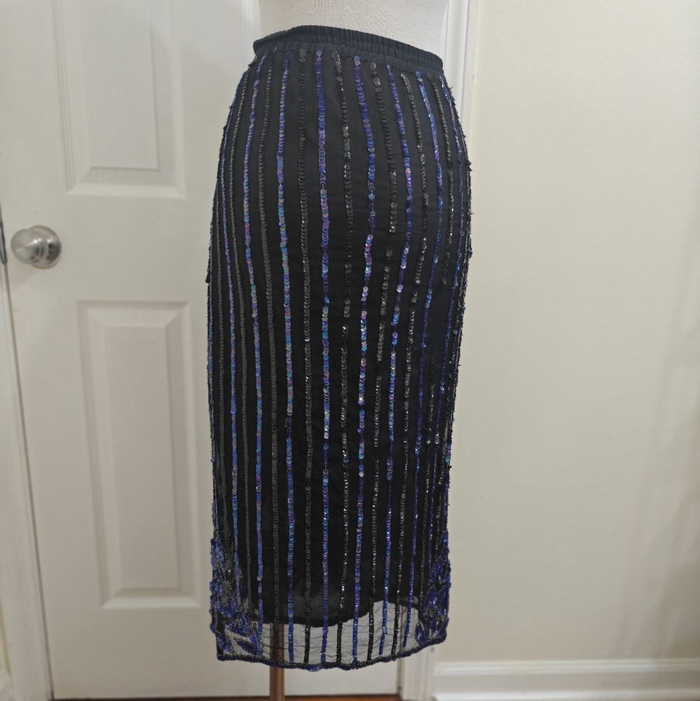 Elegant Black and Blue Striped Sequins Skirt - Picture 2 of 5